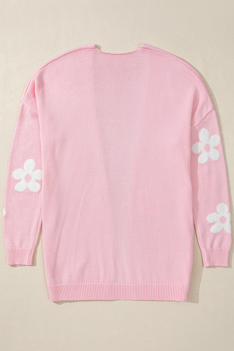 Pink Floral Print Knitted Open Front Loose Cardigan