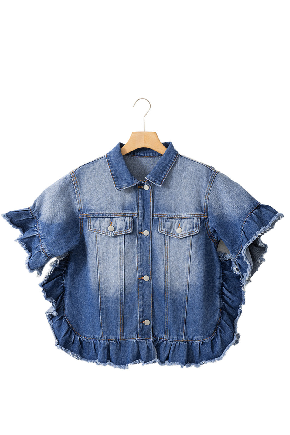 Peacock Blue Ruffled Frayed Short Sleeve Plus Size Denim Jacket