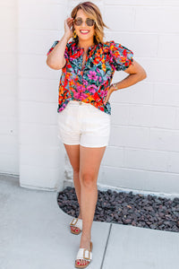 Multicolour Floral Print Ruffle Trim Bubble Sleeve Split Neck Blouse