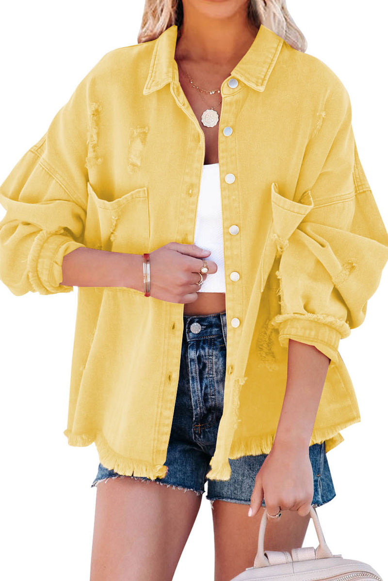 Yellow Distressed Fringe Trim Denim Jacket