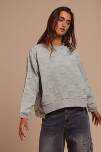 BiBi Mineral Washed Checkered Round Neck Denim Top