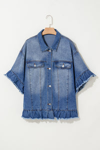 Peacock Blue Ruffled Frayed Short Sleeve Plus Size Denim Jacket