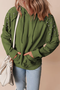 Vineyard Green Solid Color Rivet Stud Raglan Sleeve Hoodie with Pocket