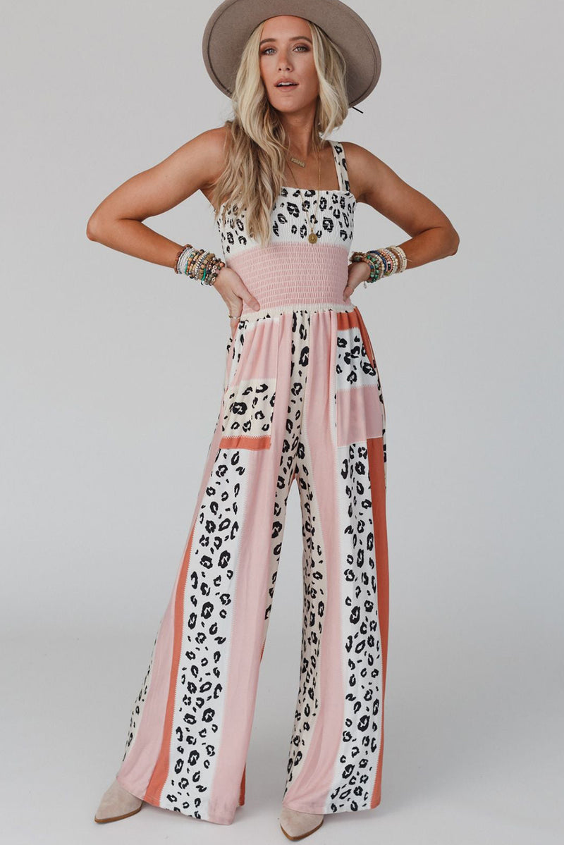 Pink Leopard Color Block Mix Print Pocketed Jumpsuit