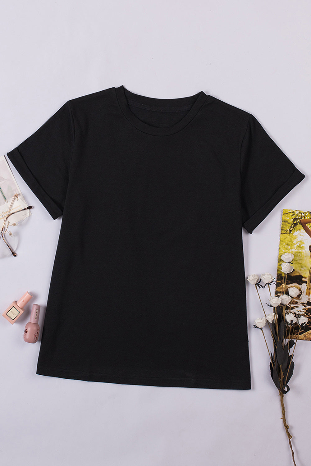 Black Round Neck Rolled Sleeve Plus Size T-shirt