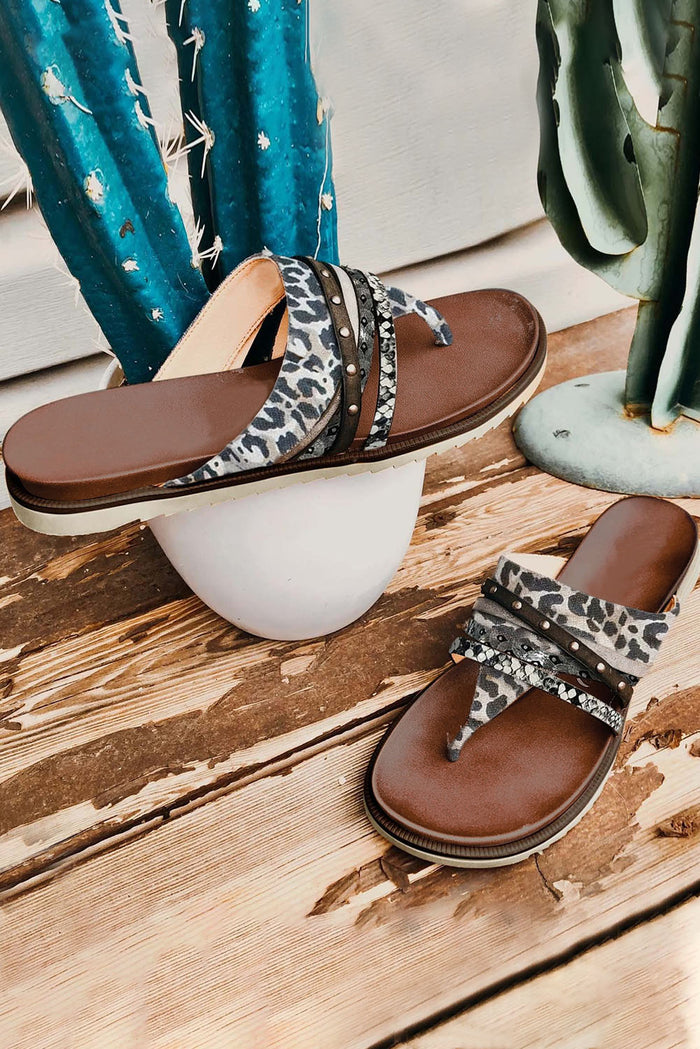 White Studded Animal Print Flip Flop Sandals