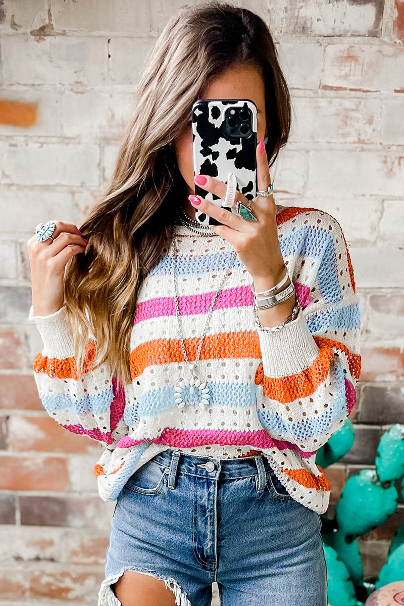 Striped Hollowed Knitted Loose Sweater