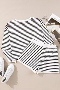 Black Stripe Textured 3/4 Sleeve Top and Shorts Set