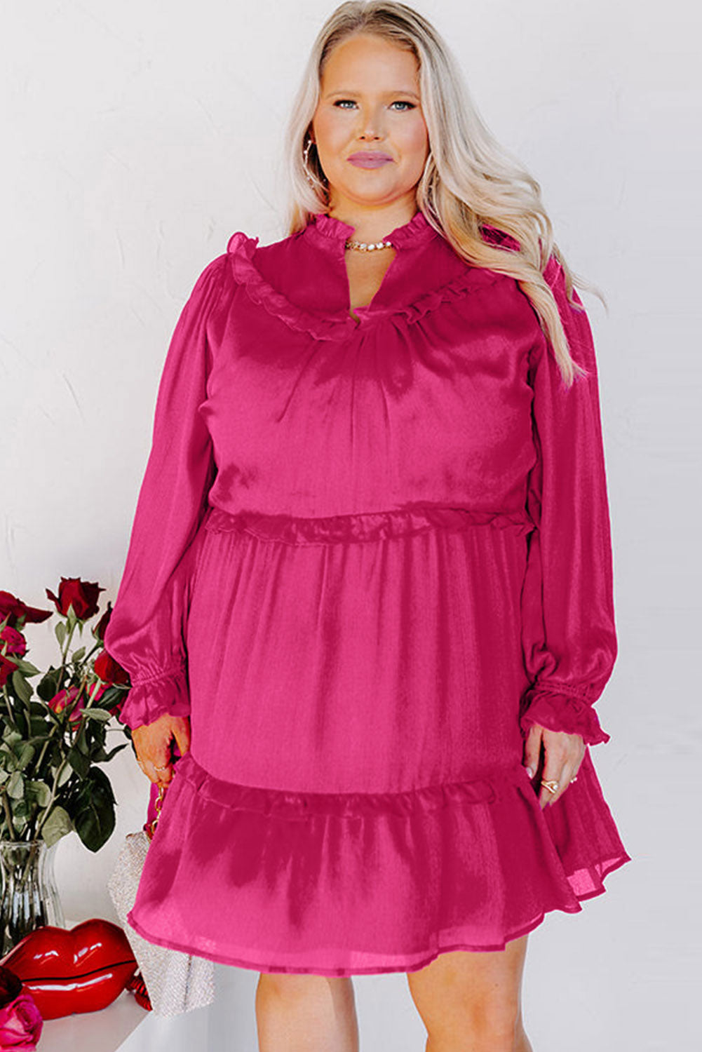 Rose Plus Size Ruffled Bubble Sleeve Dress