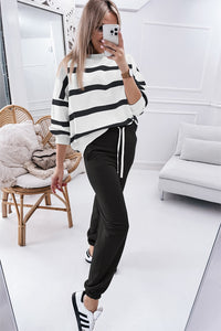 Black Stripe Drop Shoulder Pullover and Jogger Pants Set