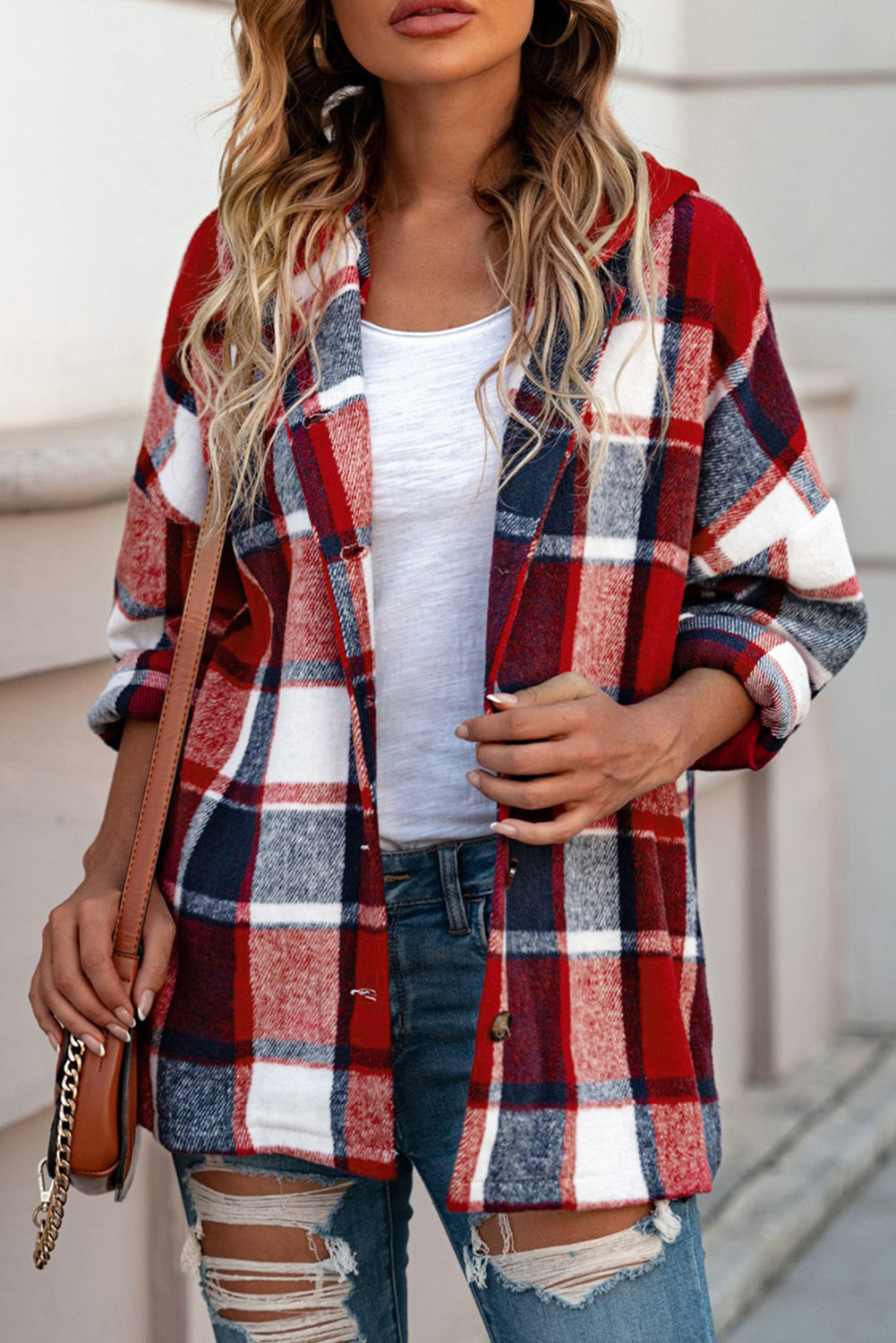 Orange Hooded Plaid Button Front Shacket