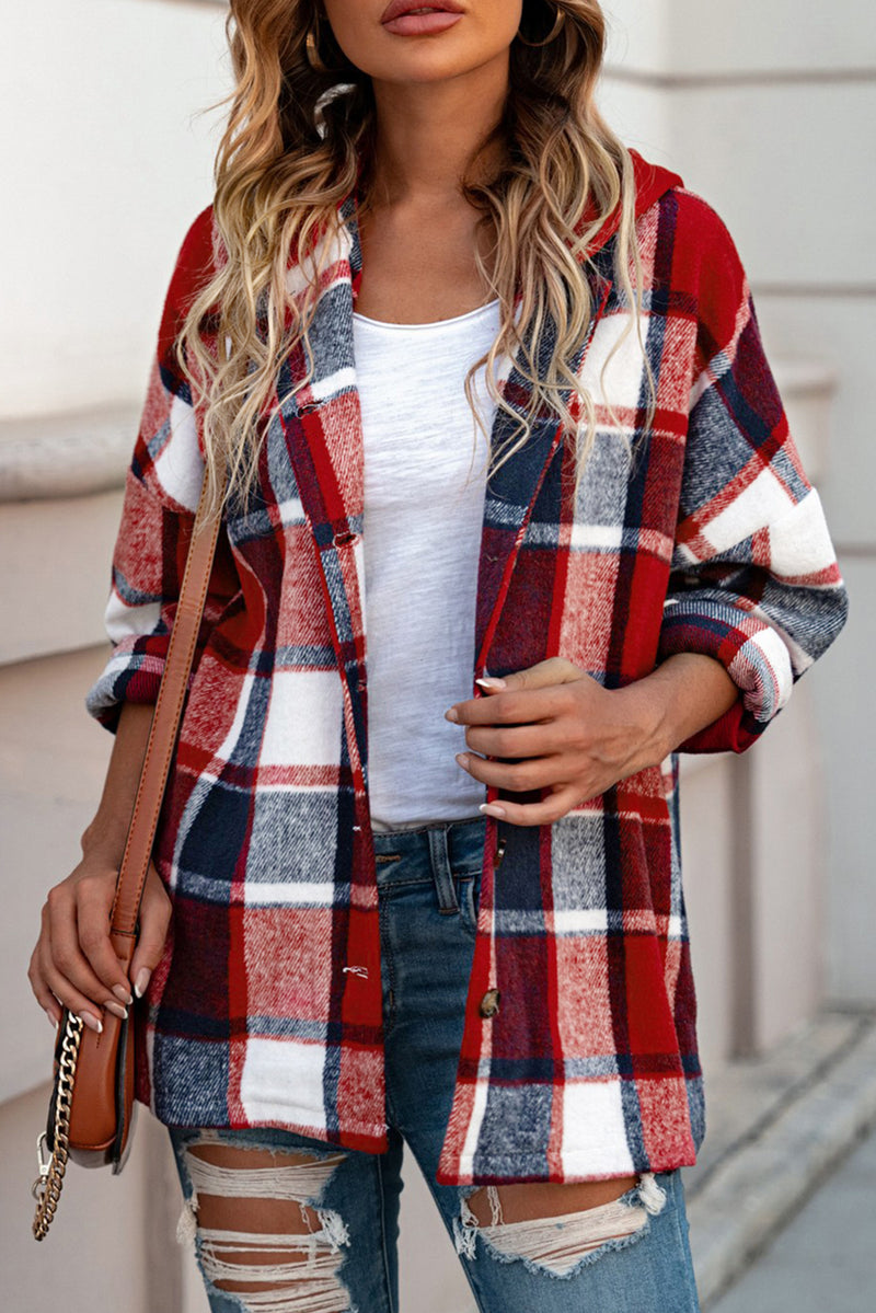 Orange Hooded Plaid Button Front Shacket