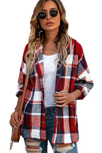 Orange Hooded Plaid Button Front Shacket