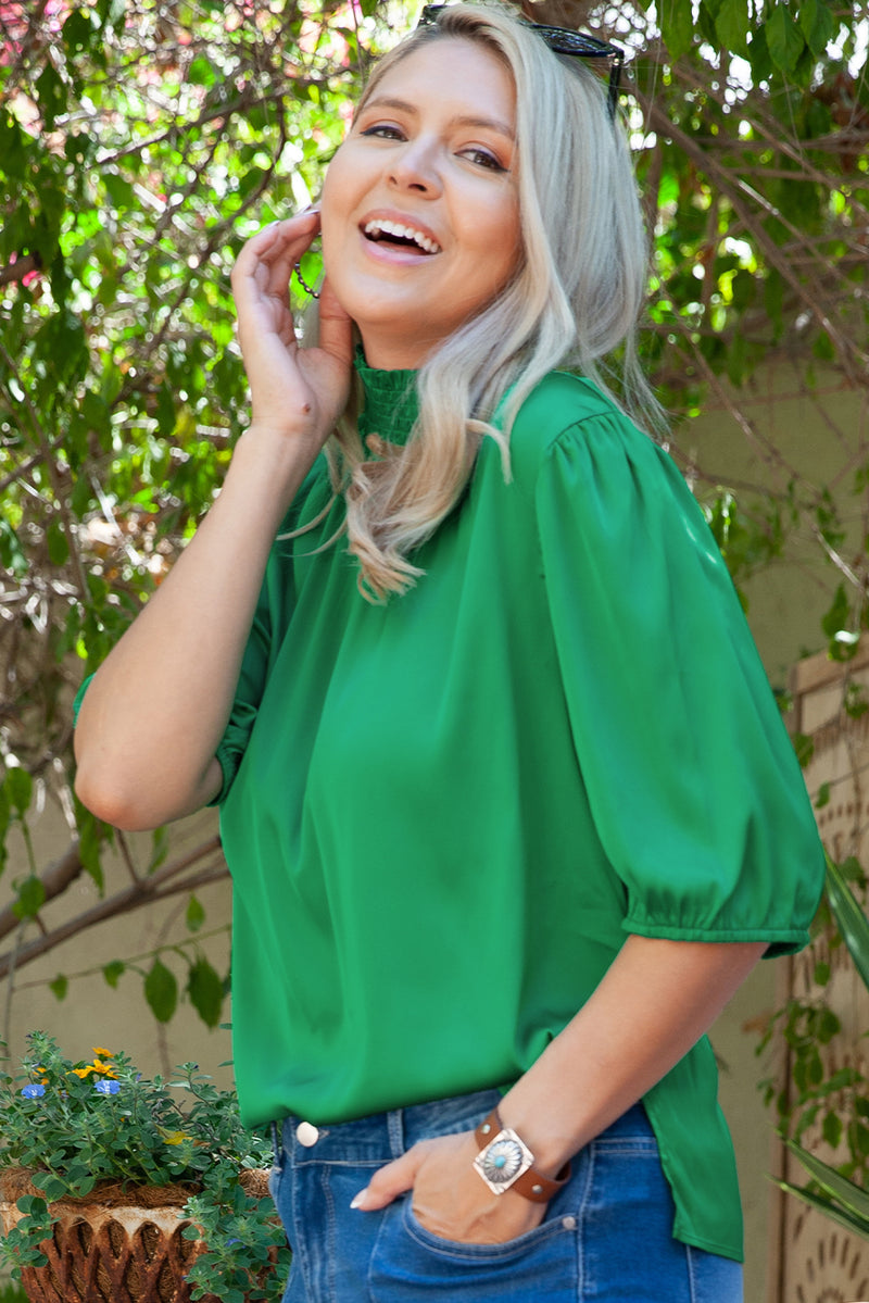 Sea Green Shirred High Neck Puff Sleeve Plus Size Blouse