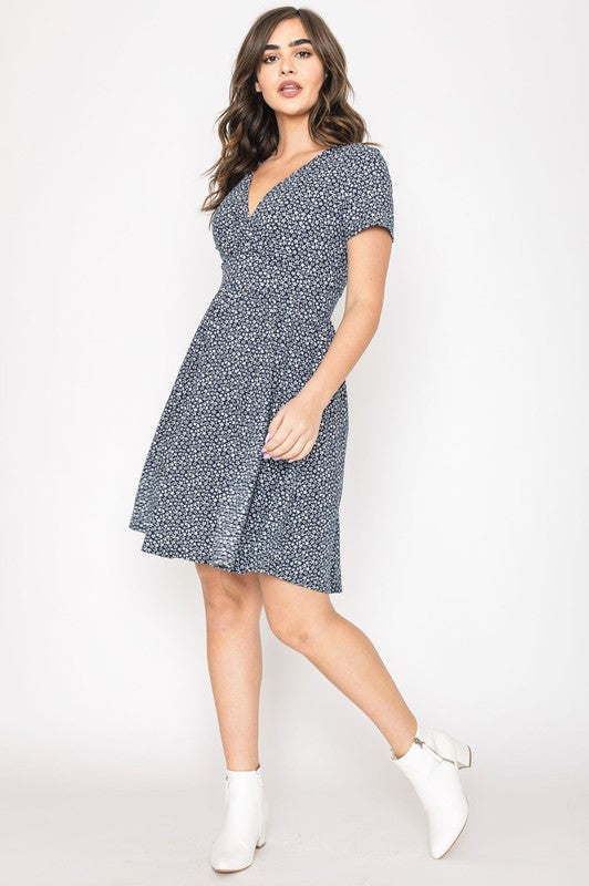 Plus Ditsy Surplice Fit and Flare Midi Dress