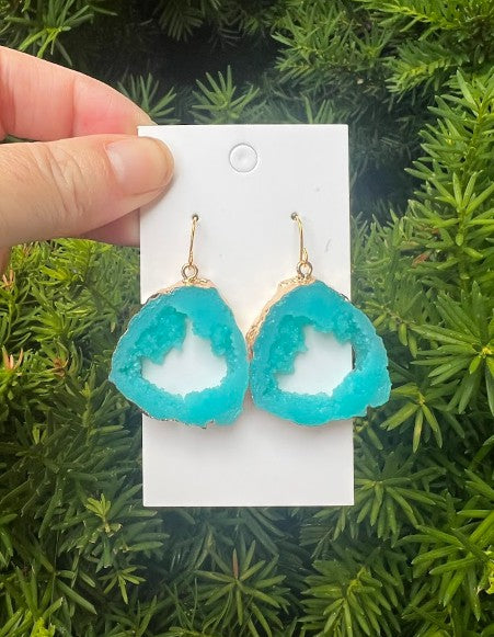 Aqua Agate Slice Resin Statement Earrings