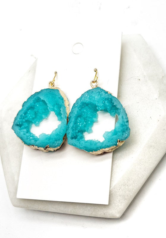 Aqua Agate Slice Resin Statement Earrings