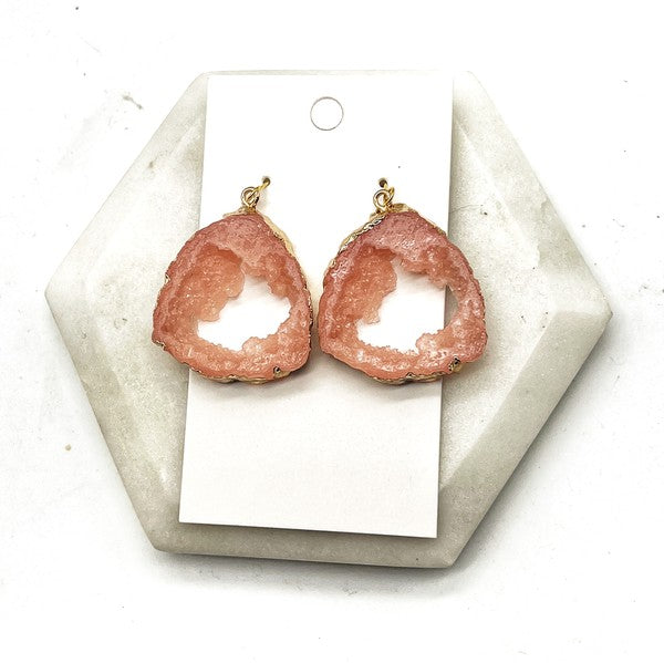 Pink Coral Agate Slice Resin Statement Earrings