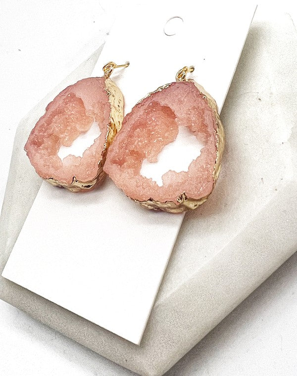 Pink Coral Agate Slice Resin Statement Earrings