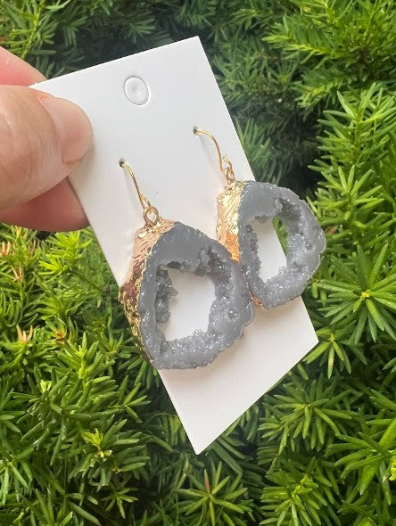 Grey Gray Agate Slice Resin Statement Earrings