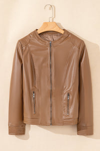 Chestnut Solid Faux Leather Zipper Slim Fit Bomber Jacket