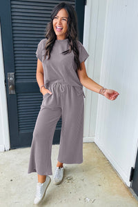 Wild Wind Solid Corded Knit Short Sleeve T Shirt and Wide Leg Pants Set