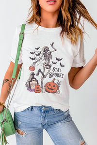 White Skull Pumpkin Face STAY SPOOKY Graphic Halloween T Shirt