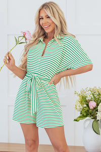 Green Stripe Textured Short Sleeve Collared Buttoned Waist Tie Romper