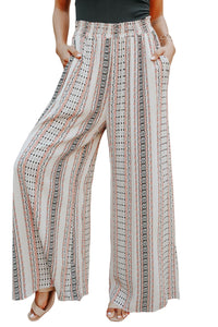 White Geometric Pattern Shirred Wide Leg Pants