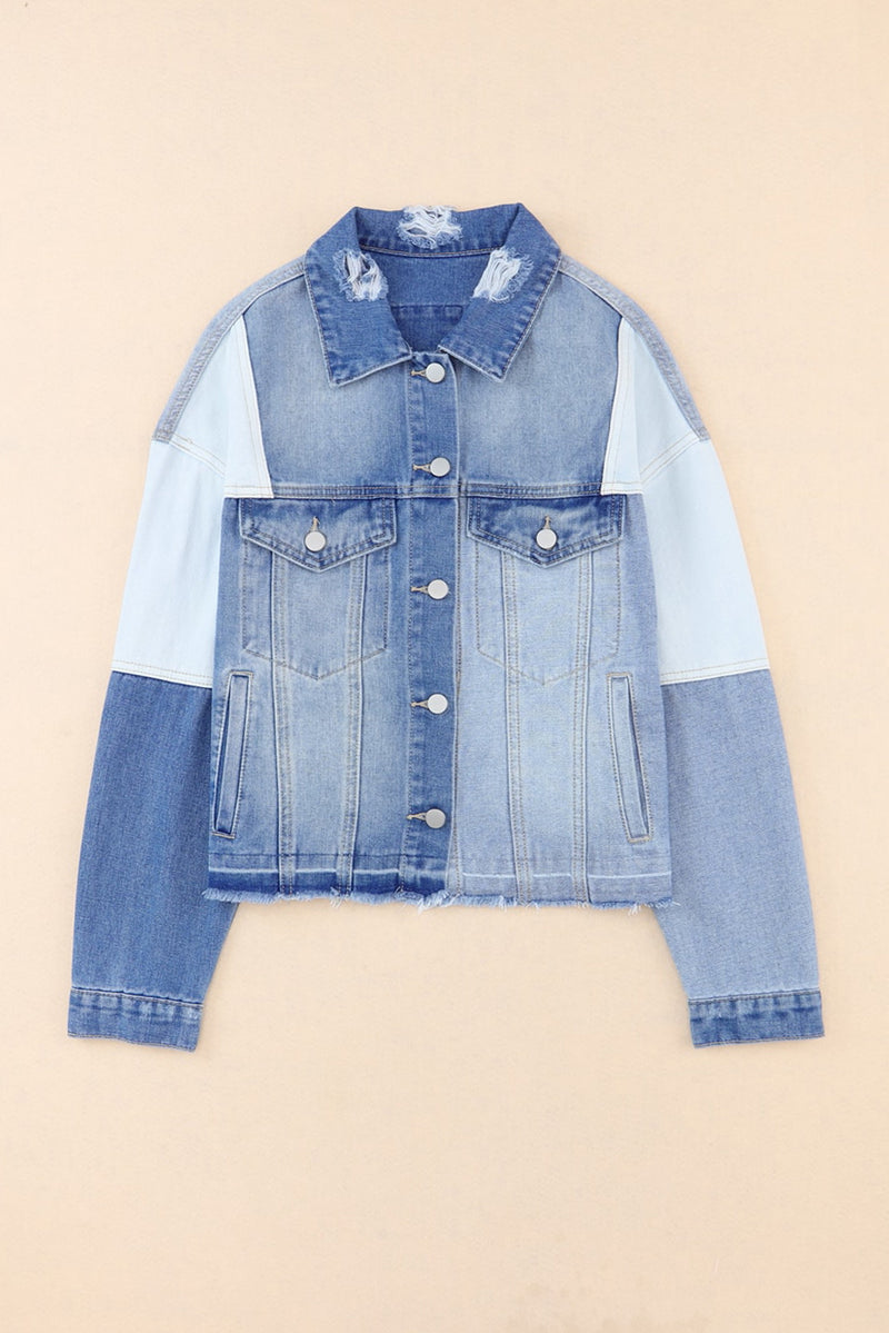 Sky Blue Color Block Denim Patchwork Frayed Hem Jacket