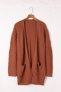 Green Open Front Woven Texture Knitted Cardigan with Pockets