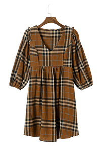 Brown Printed Plaid V Neck Plus Size Babydoll Dress