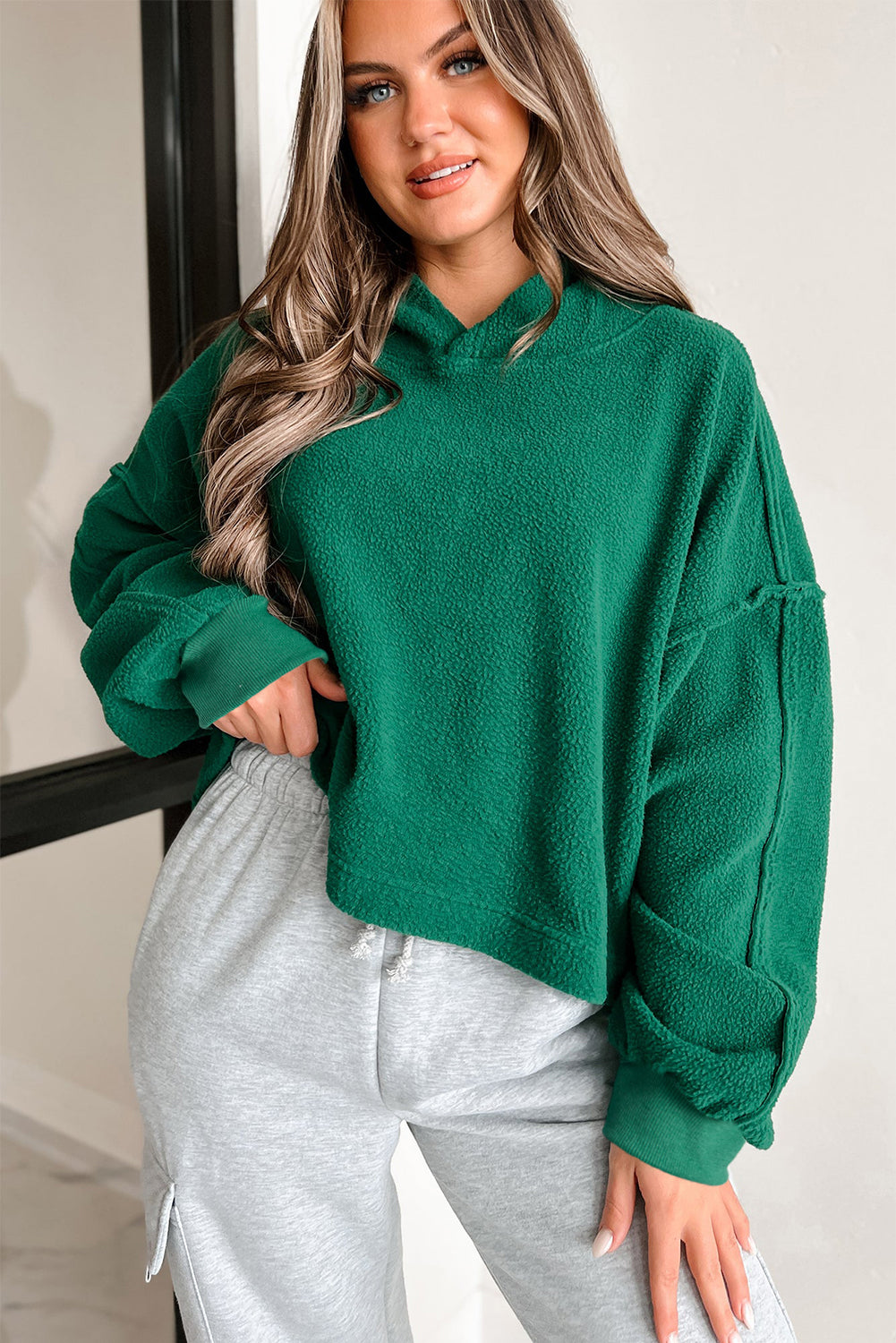 Dark Green Sherpa Fleece Drop Shoulder Hoodie