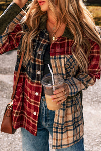 Red Mixed Plaid Patchwork Retro Shacket