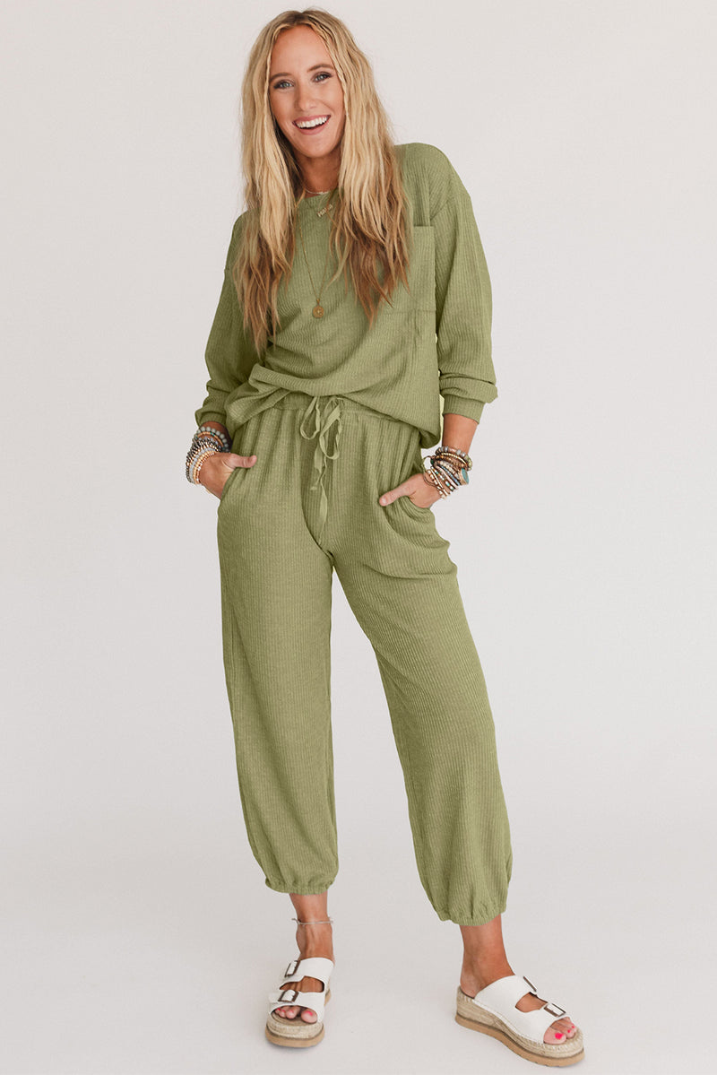 Laurel Green Waffle Knit Long Sleeve Top Drawstring Joggers Set