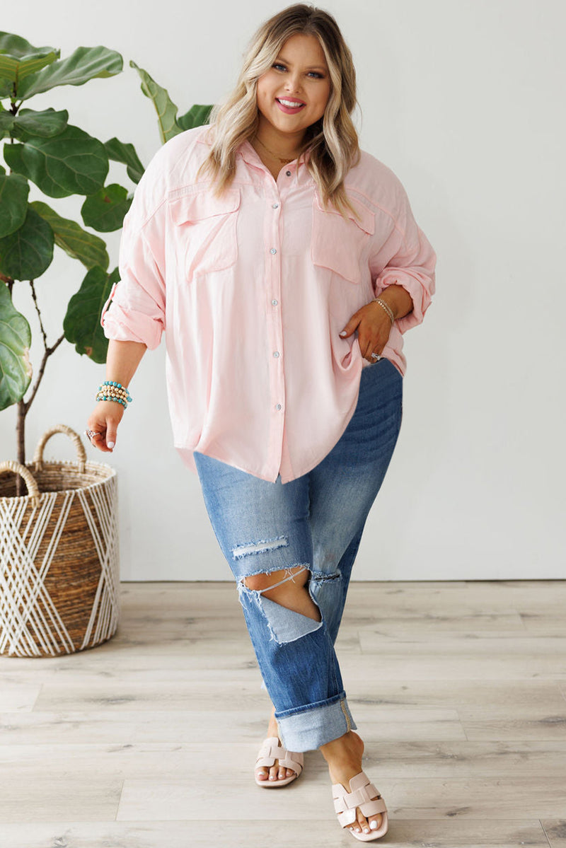 Pink Flap Pocket Tab Sleeve Button-Down Plus Size Shirt