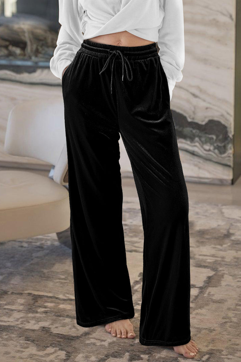 Black Solid Drawstring Waist Wide Leg Pants