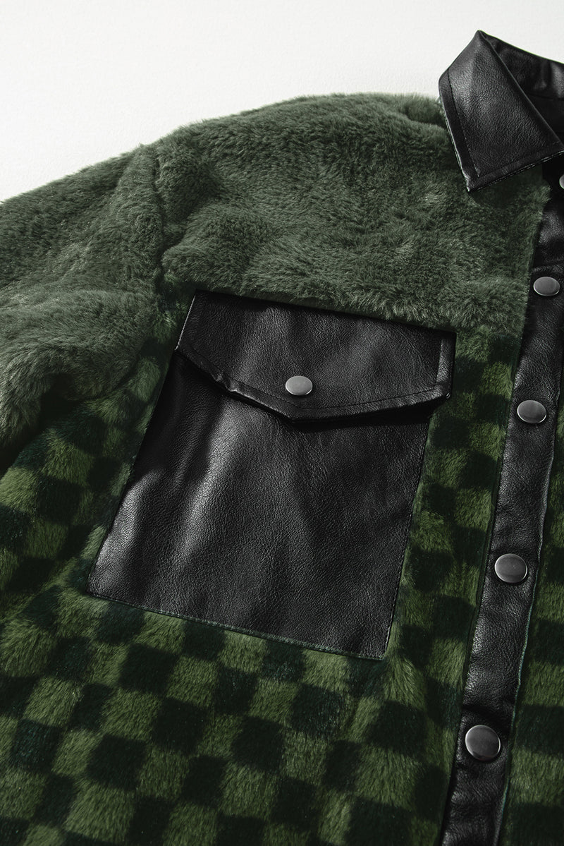 Vineyard Green Fleece Checkerboard Flap Pocket Snap Button Jacket