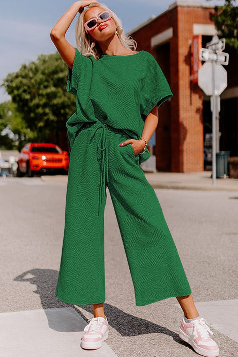 Brown Textured Loose Fit T Shirt and Drawstring Pants Set