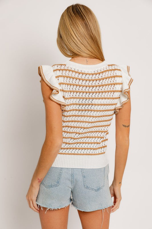 Round Neck Ruffle Sleeve Stripe Knit Top