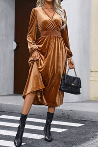 Camel Surplice V Neck Balloon Sleeve Velvet Dress