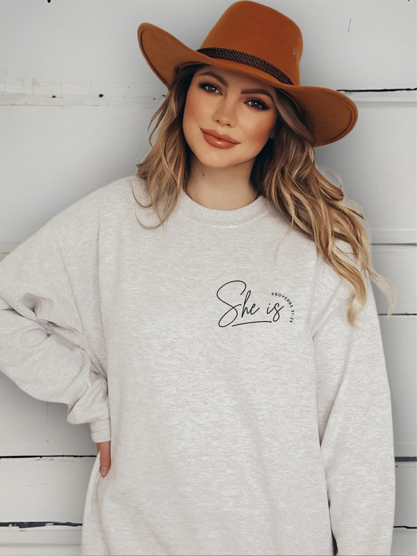 She Is Proverbs Graphic CrewNeck Sweatshirt