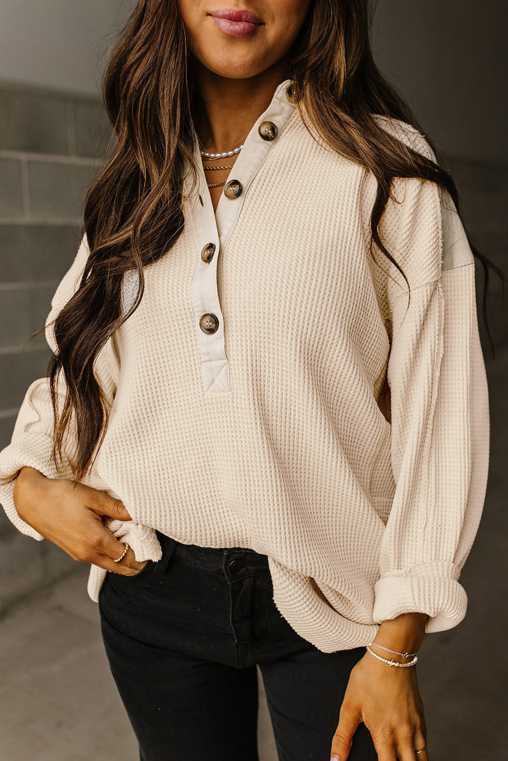 Jet Stream Waffle Long Sleeve Collar Half Button Loose Top