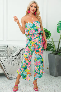 Red Mix Tropical Print Strapless Ruffled Jumpsuit