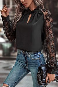 Black Keyhole Neckline Floral Lace Raglan Sleeve Blouse