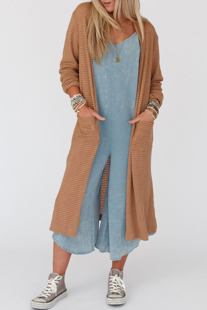 Chestnut Long Waffle Knit Cardigan with Pockets