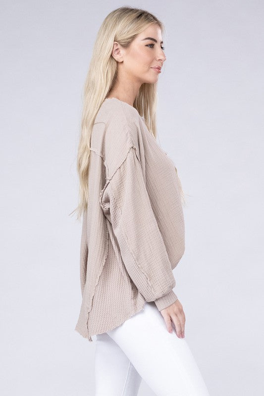 Double Gauze Oversized 3/4 Button Henley Neck Top