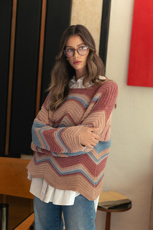 Annie Wear Multi Color Zig-Zag Round Neck Sweater