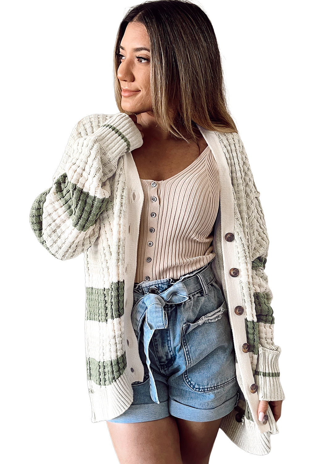 White Plus Size Color Block Cable Knit Buttoned Cardigan