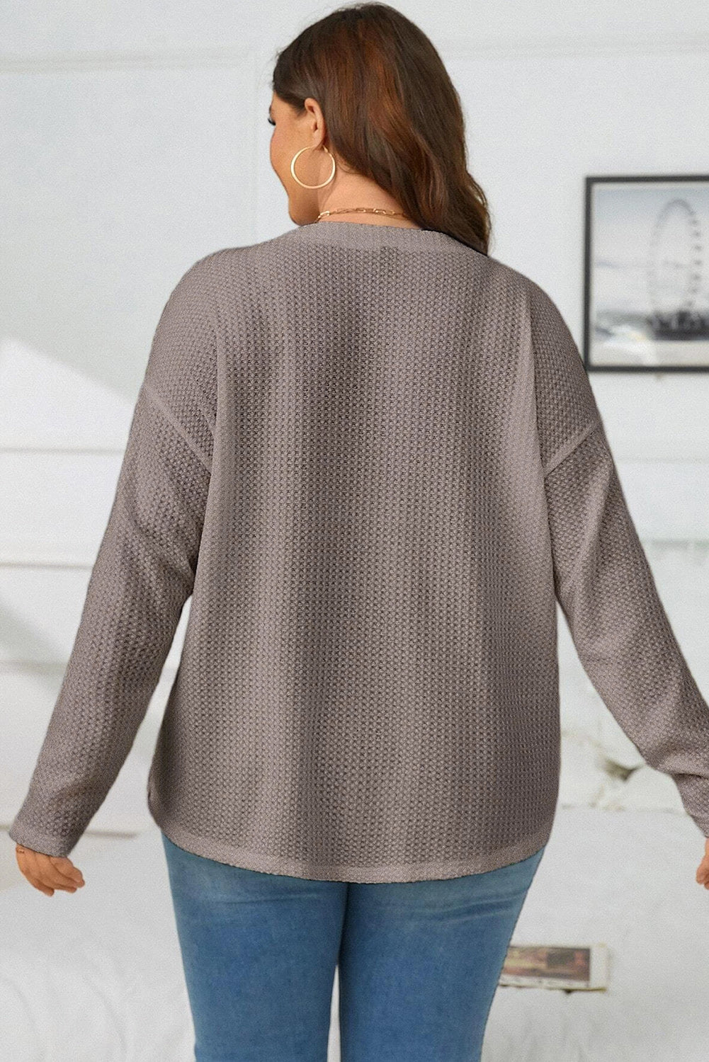 Simply Taupe Waffle Knit Drop Shoulder Button V Neck Plus Size Top